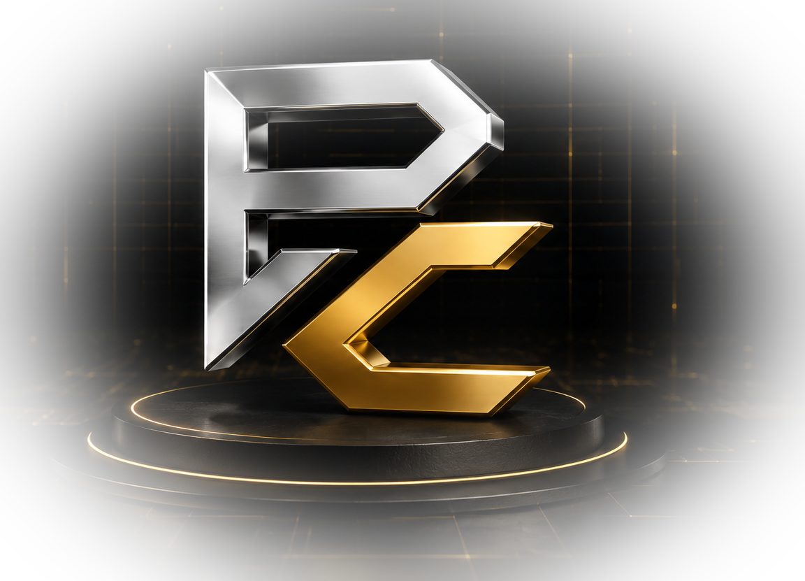 Logo 3D de Black Code Studios: monograma BC en plata y dorado sobre un pedestal con halo dorado.