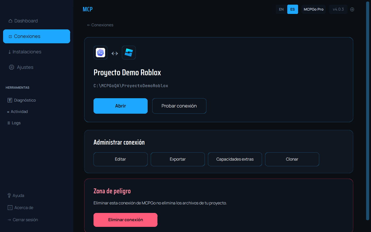 Detalle de una conexión de MCPGo con controles para administrarla y probarla.