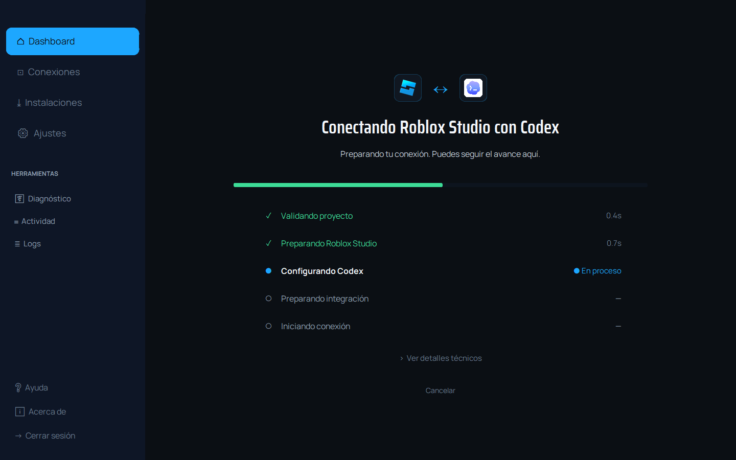 Progreso automatizado de conexión entre el cliente de IA y la herramienta creativa.