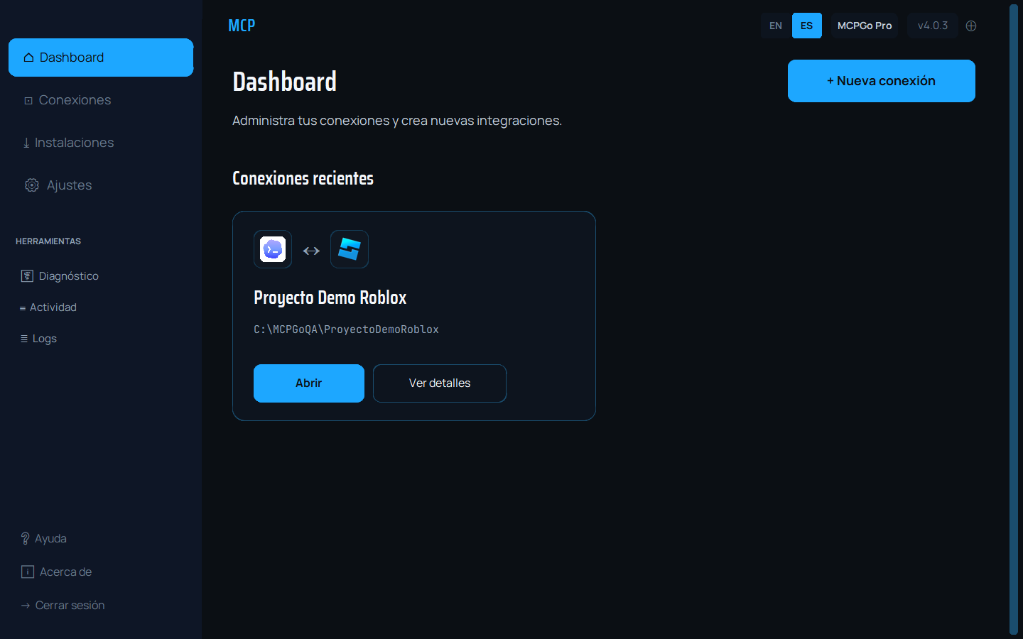 Panel de MCPGo con una conexión activa a un proyecto.