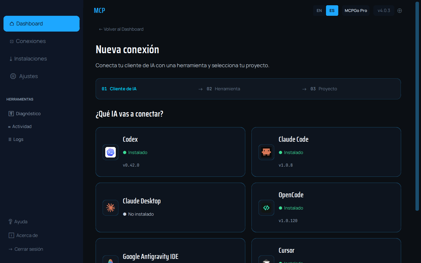 MCPGo 4.0.3 seleccionando un cliente de inteligencia artificial para crear una conexión.