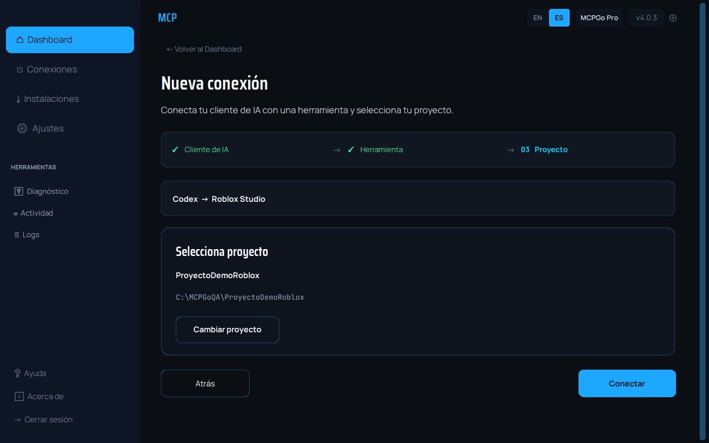 MCPGo seleccionando el proyecto que se conectará con el cliente de IA.