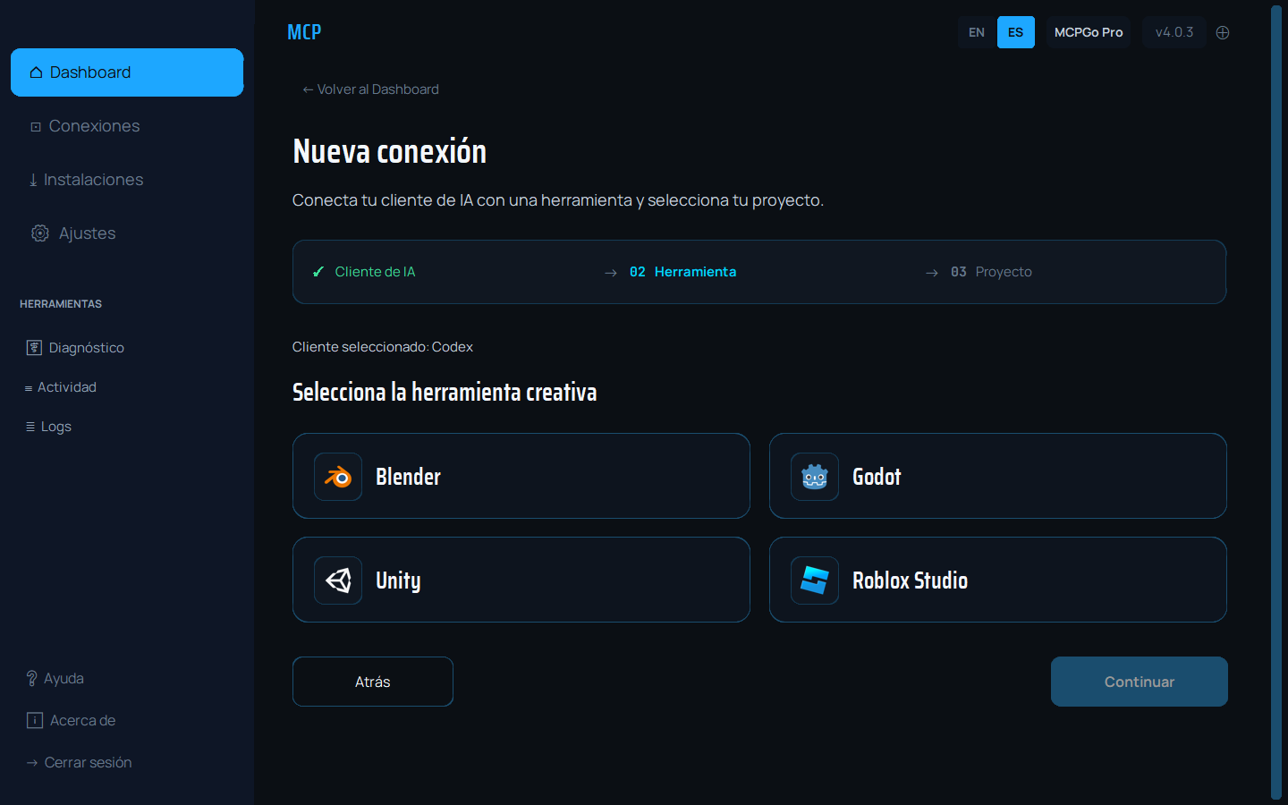 Selección de Blender, Godot, Unity o Roblox Studio durante la configuración.