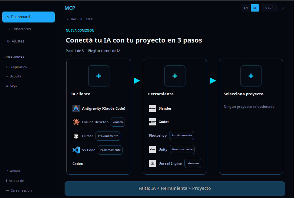 Selector de Nueva conexión de MCPGo: elegir IA cliente (Antigravity, Claude Desktop, Cursor, VS Code, Codex), herramienta (Blender, Godot, Unity, Unreal…) y proyecto.