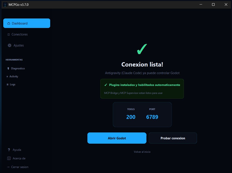 Pantalla «Conexión lista» de MCPGo: bridge activo en el puerto 6789, 200 tools y el botón Probar conexión.